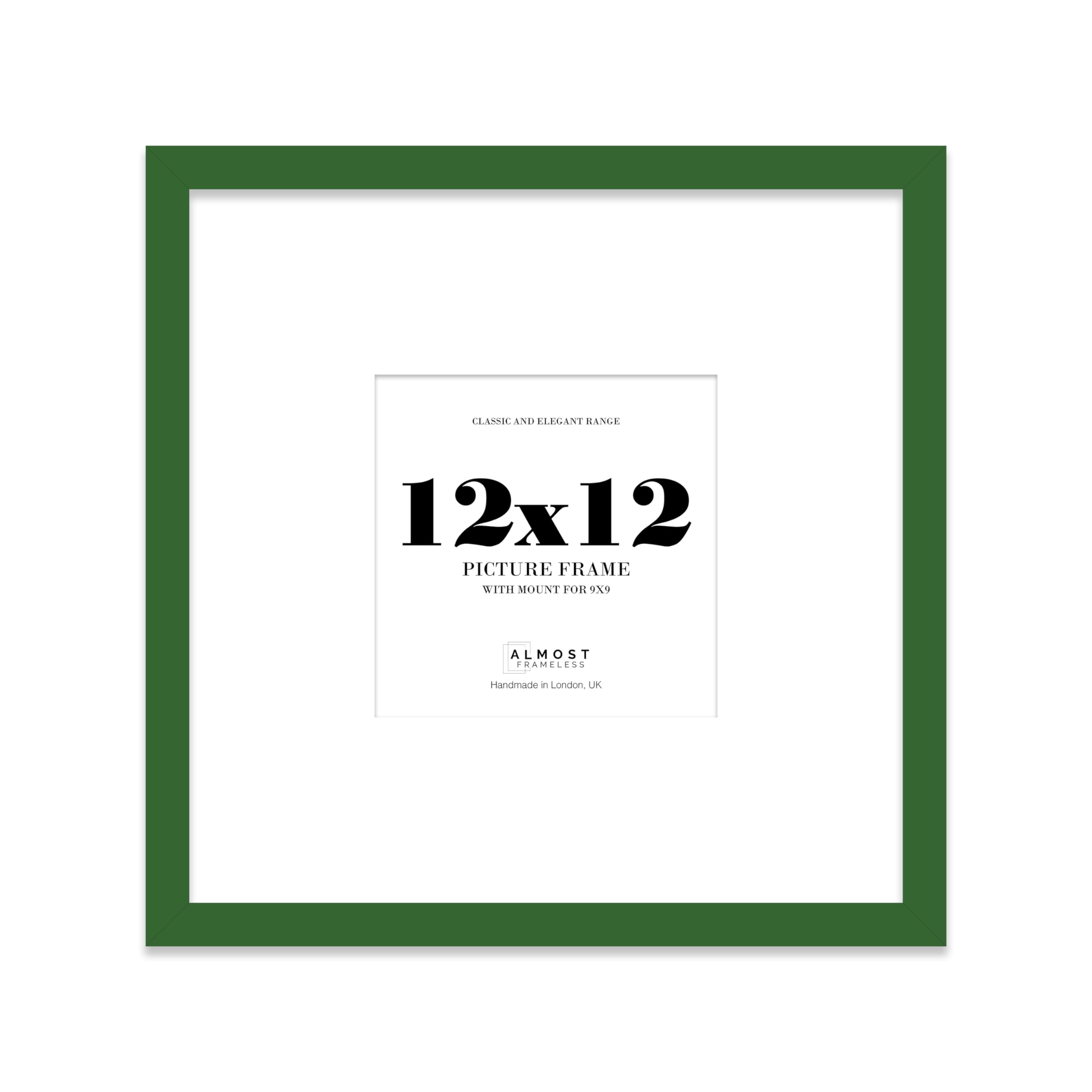 Almost Frameless Green 12X12 Square Picture Frame, Display Pictures 9X9 With Mat Or 12X12 Without Mat, Wall Hanging & Free Standing Photo Frame, 1 Pack