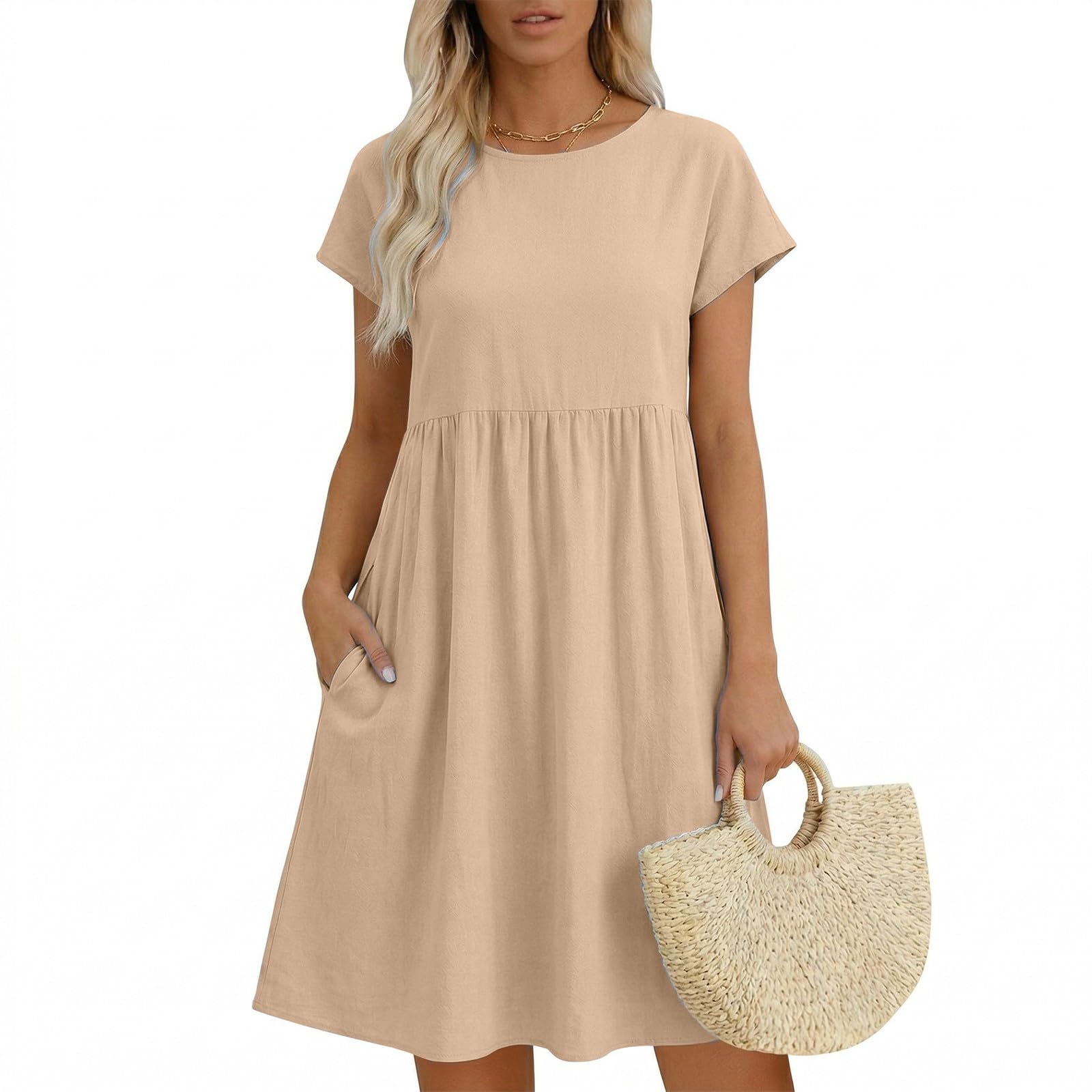 Generico Damenkleider Baumwolle Kurzarm - Midi Summer Dresses for Women Kleid Rundhals Übergrößen Leichtes und atmungsaktives Kleid Einfarbig mit Taschen Freizeitkleidung für Urlaub