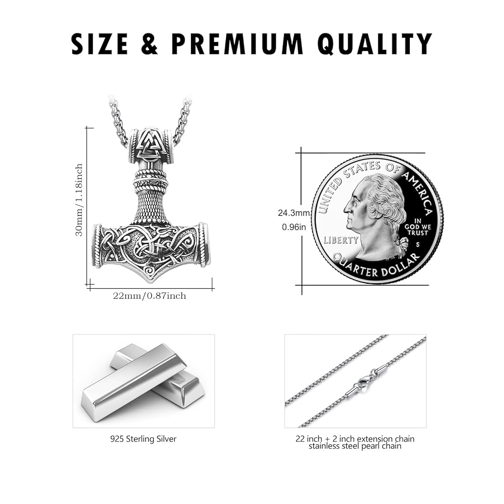 DOTBJ Thors Hammer Mjolnir Necklace for Men 925 Sterling
