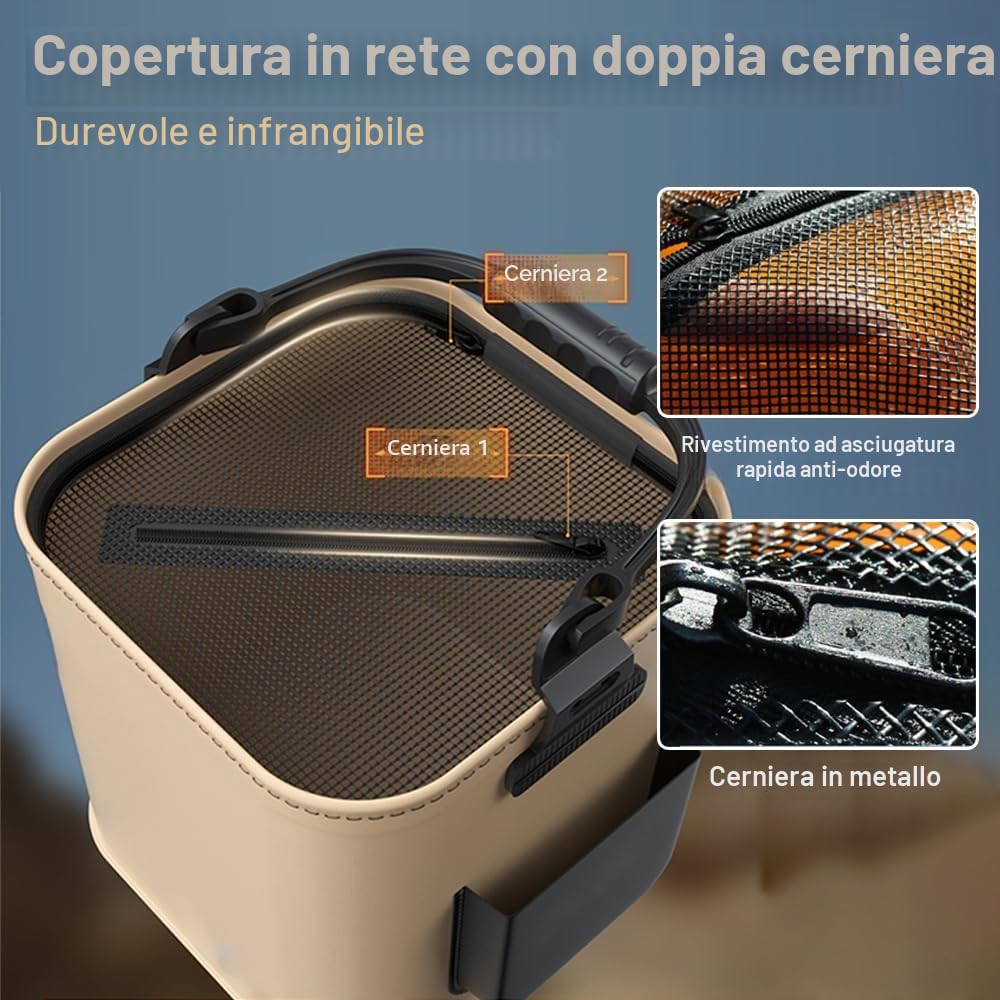DONGKER Secchio Pesca,Contenitore Campeggio Pieghevole con Coperchio in Rete e Cerniera e Maniglia per Conservare Pesci Vivi e Esche per Pesce Fresco