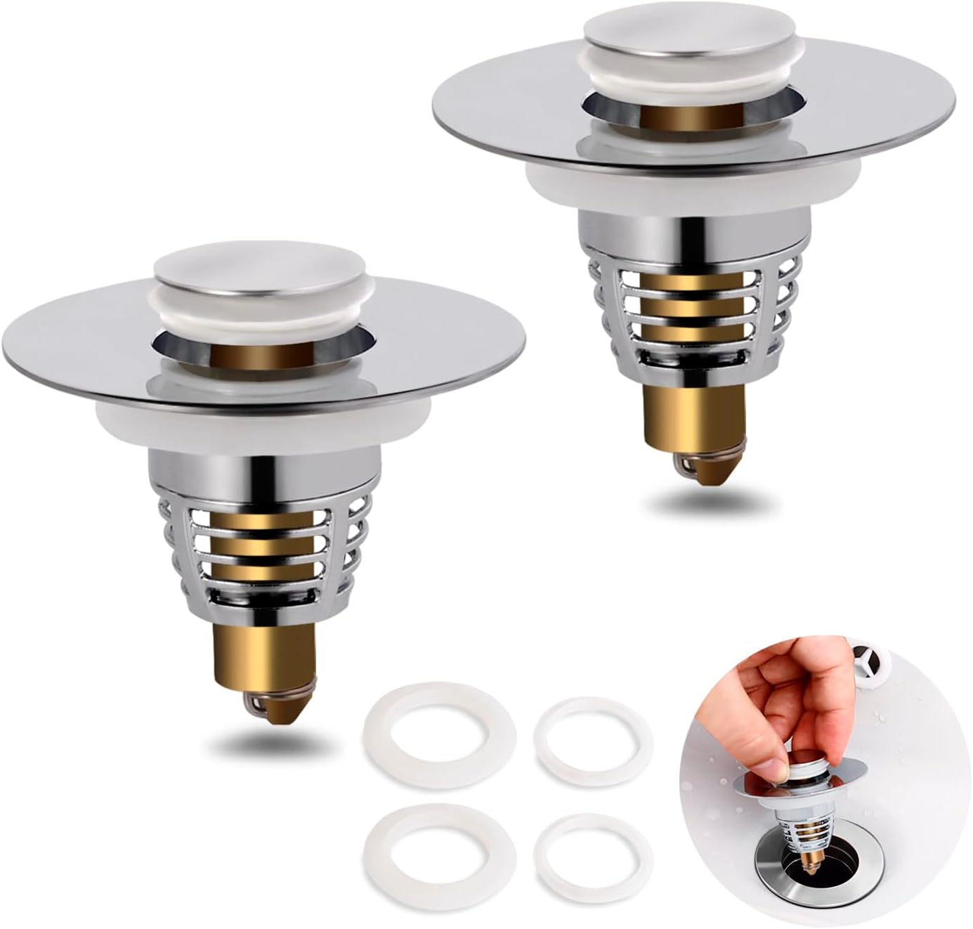 AJOMAN Universal Bathroom Sink Stopper with Hair Catcher, Bathtub Stopper Drain Strainer Pop Up ...