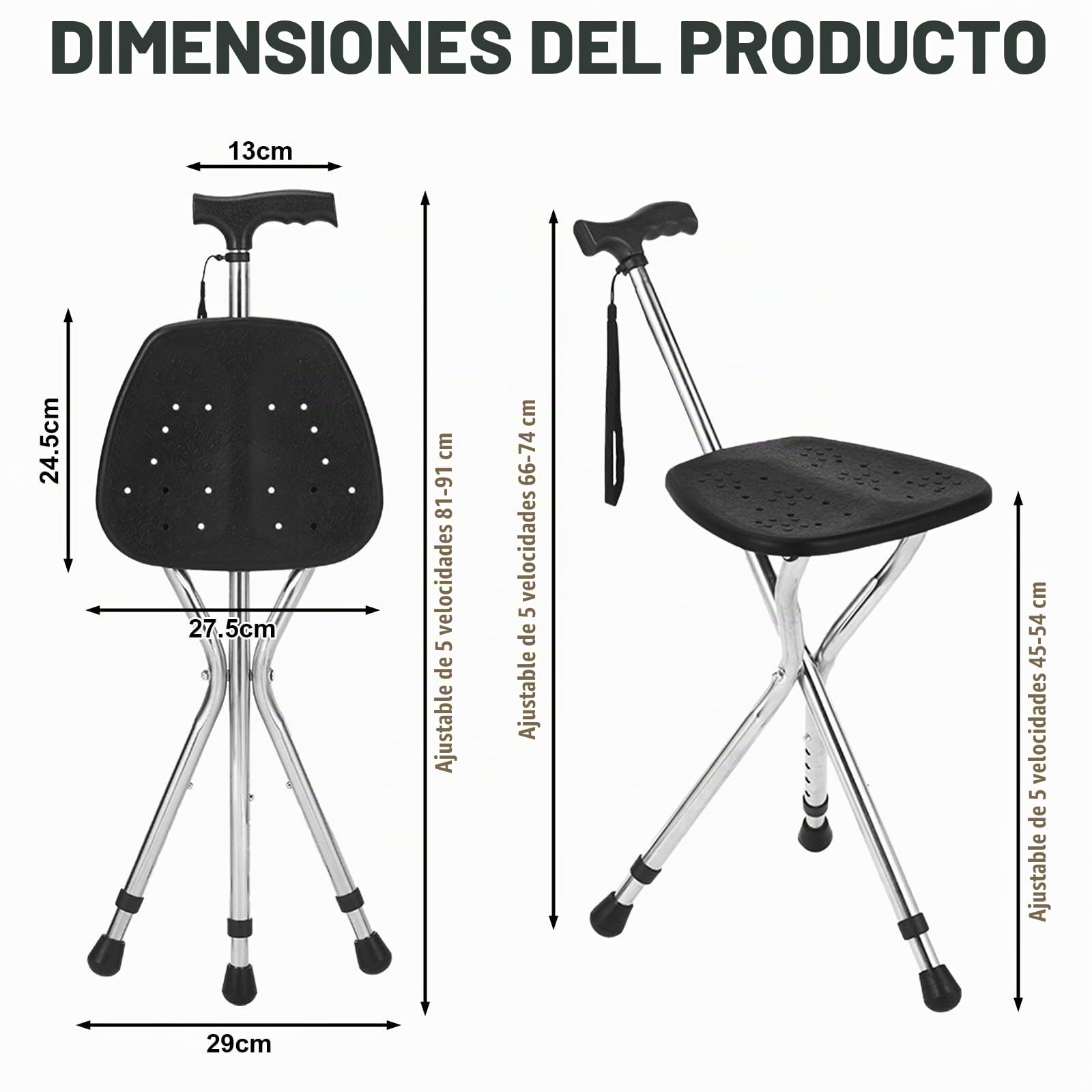 Bastón con asiento, capacidad de 120 kg, tabla de asiento grande en cinco posiciones de altura ajustable, caña y taburete de doble uso, bastón con asiento para adultos en reposo, personas mayores y