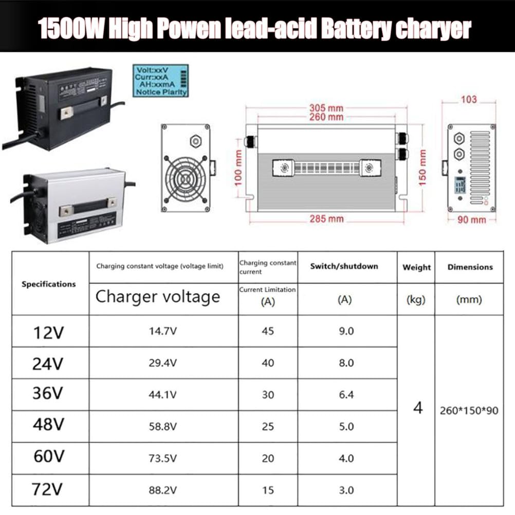 Ładowarka do Wózków Widłowych Dużej Mocy 1500 W 12 V/24 V/36 V/48 V/60 V/72 V Ze Złączem Wyjściowym Anderson 50 A