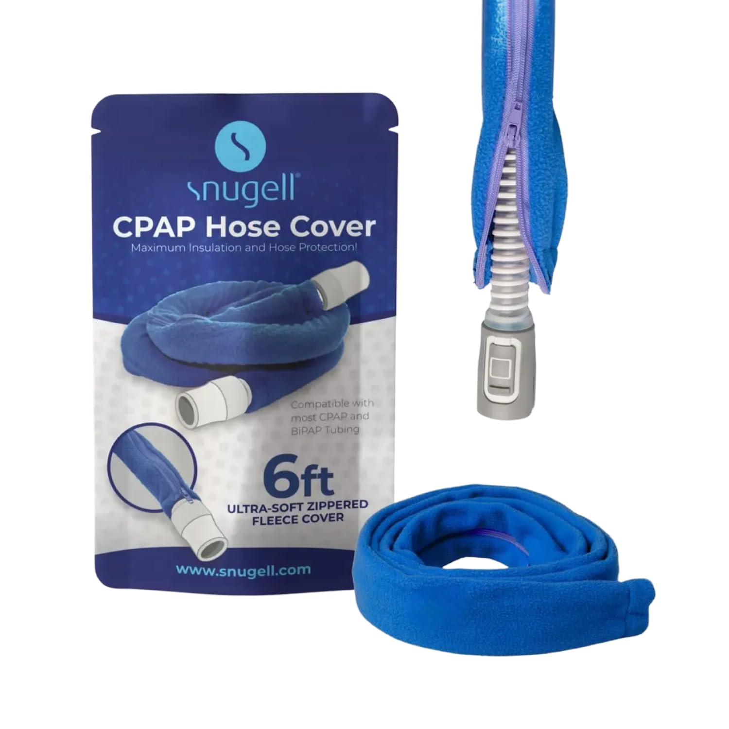 Snugell Blue Cpap Hose Cover – 6Ft Tubing Wrap In – Compatible With Resmed, Fisher & Paykel, And Other Brands – Ultra-Soft Full Zippered Fleece Cpap Tube Cover For Insulation And Protection