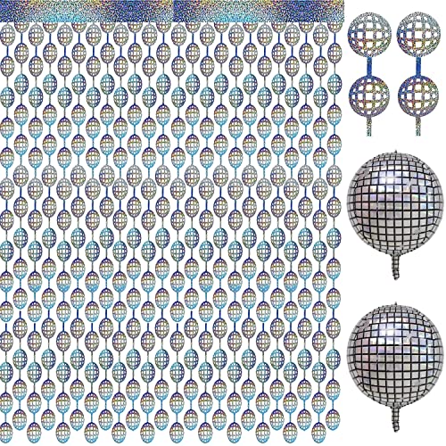 Disco Party Backdrop Decorations Include 2Pcs Disco Ball Foil Curtain and 2Pcs Disco Ball Balloons for 70s 80s Disco Themed Birthday New Year's Party Decor Supplies