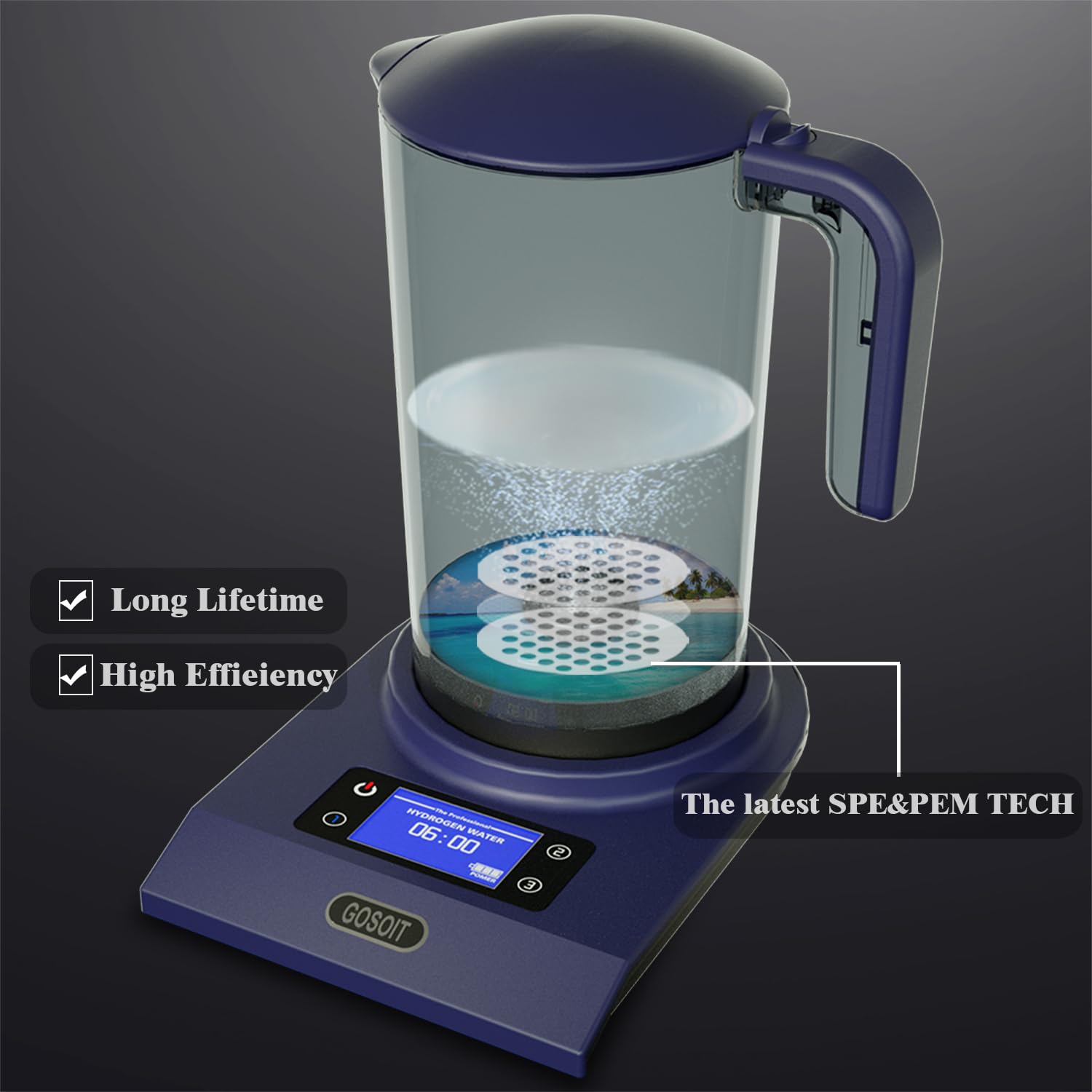 Wasserstoff Wasserflasche Maker Maschine Alkalischer Wasserstoff Wasser Generator mit SPE und PEM Technologie machen Wasserstoff Inhalt bis 800-1200 PPB 2000ML/70Oz (Blau Schwarz)