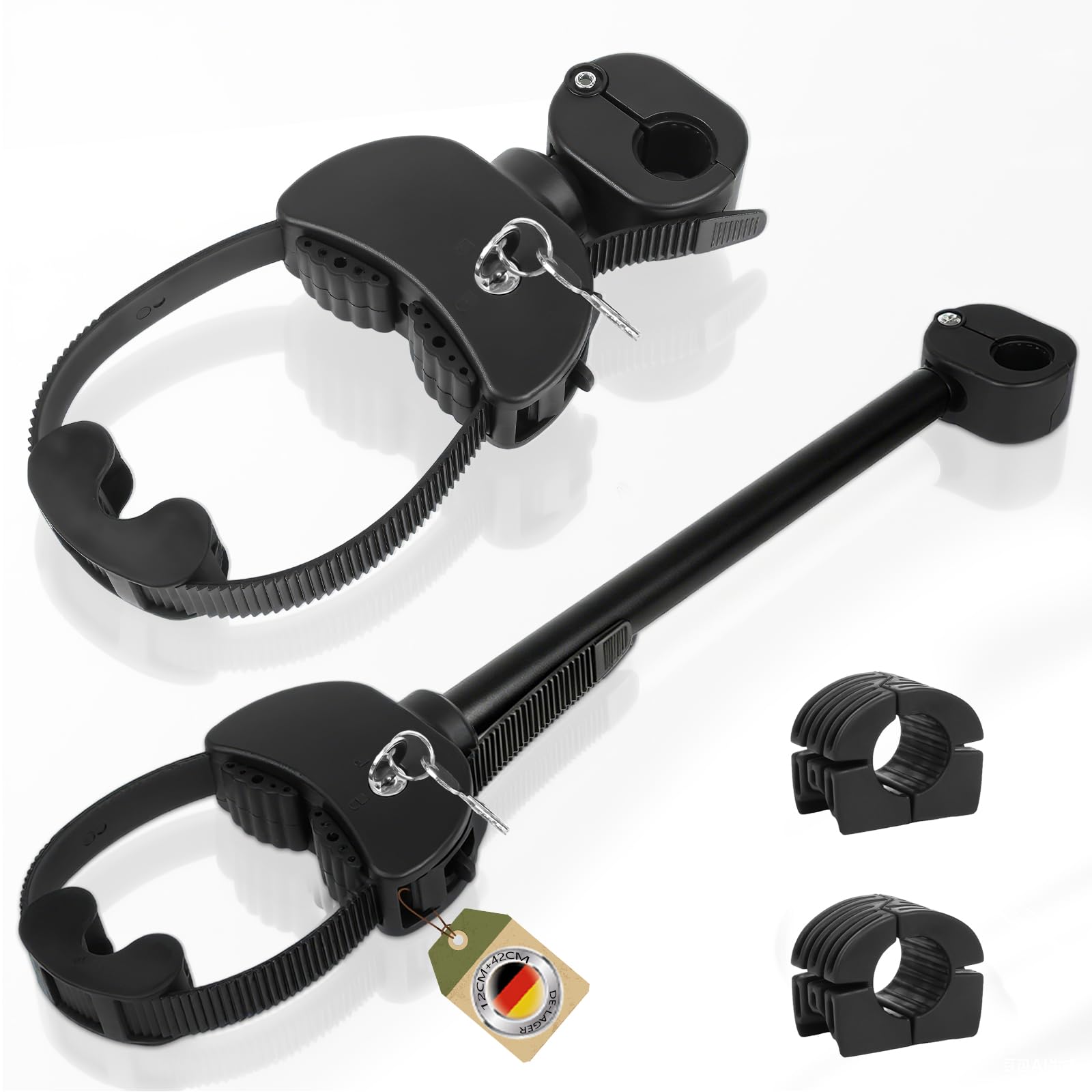Verstellbar Strap Rahmenhalter 12CM+38CM, Alu Rahmenhalter Fahrradträger für E-Bike/Fahrrad, Abschließbare, Universal Fahrradrahmenhalter für U-Bügelrohr: Ø 2,5-3cm (Schwarz+Silber)