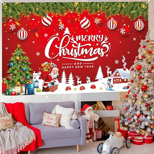 Christmas Banner Decorations Red Merry Christmas and Happy New Year Backdrop Banner Santa Claus Snowman Elk Extra Large Xmas Sign Garage Wall Hanging Poster Photo Background Party Decor - Image 4