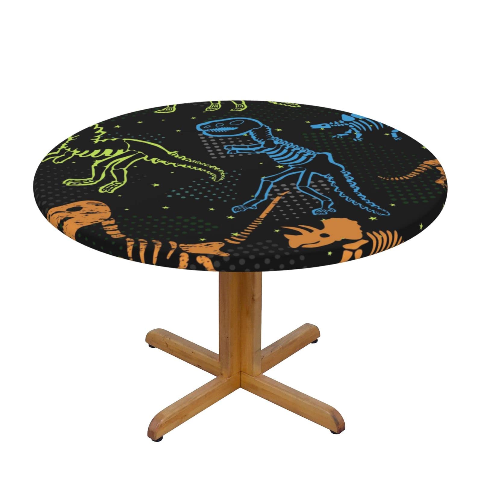 Lsjuee Round Fitted Tablecloth 45-50in Elastic Edged Table Cloth for Kitchen Dining Party Home Decor - Color Dinosaur Skeleton Black