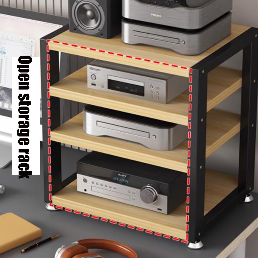 Armadietto HiFi a 3 livelli, supporto mobile AV per dispositivi di streaming, ripiani multimediali desktop, design noce chiaro