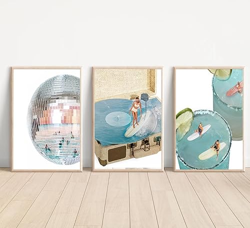 Miniatura 4 de 3 piezas de lienzo azul de moda preppy arte de pared retro de bola de discoteca estética bar carro póster impreso ilustraciones azul costero niña