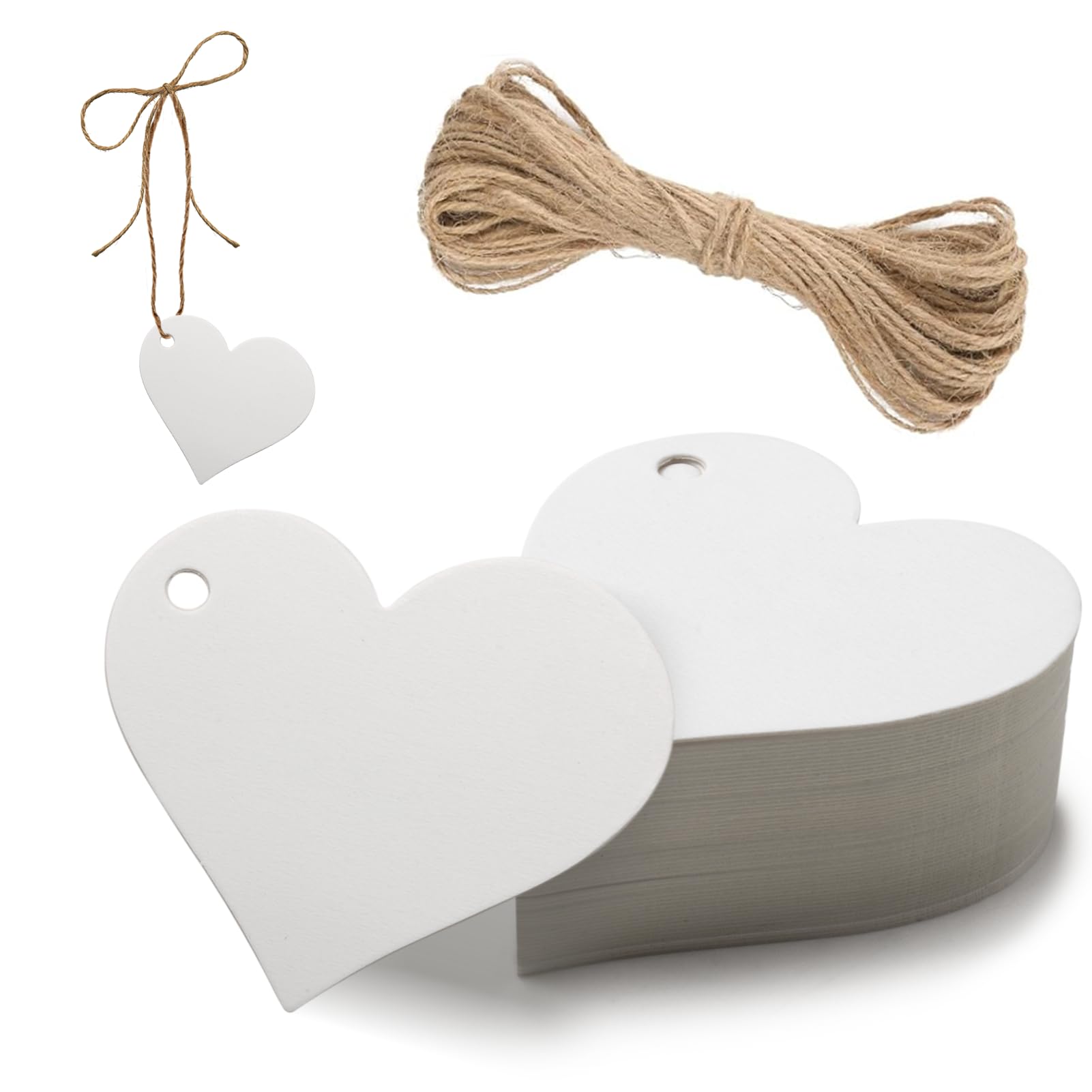 Bigliettini Bomboniere,50pcs Etichetta in Carta Kraft a Forma di Cuore e Spago da 10 M per l'Uso Come Souvenir di Nozze, Confezionamento di Regali, Realizzazione di Oggetti Artigianali ecc. (B:Bianco)