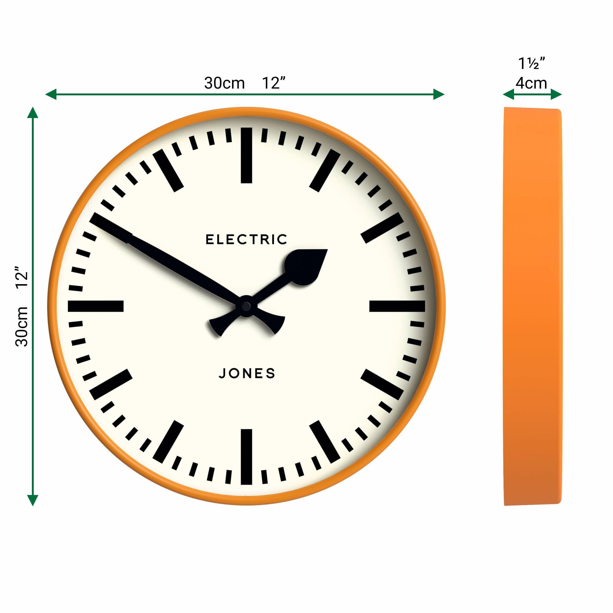 JONES CLOCKS® Tiger Wall Clock | Modern Round Station Clock | 12 inch | Orange | Cool Designer Look for Kitchen, Living Room or Office