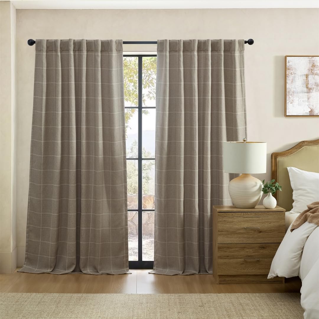 Elrene Home Fashions Sawyer Windowpane Plaid Room Darkening Single Window Curtain Panel with Rod Pocket/Back Tabs for Living Room/Bedroom/Office, 52"x95", Taupe