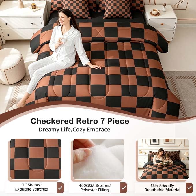Image of Feelyou Checkered 7 Piece Bedding Set Teen Brown Black Plaid Comforter Set with Sheets King Size Kids Boys Cute Retro Neutral Checkerboard Geometric Bed in a Bag Vintage Aesthetic Room Decor