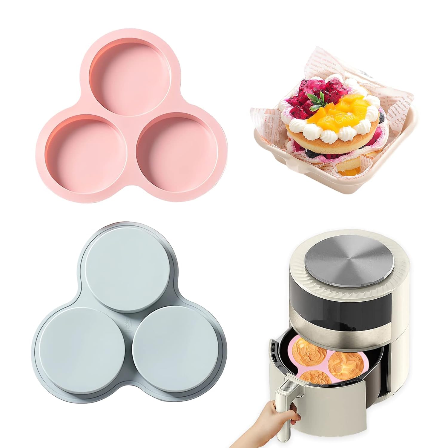 3 Cavity Silicone Air Fryer Egg Pan Mould Round Muffin Pancake Baking Pan Making Hamburger Bun Egg Sandwich Cupcake Chocolate Cakes Cheesecake Desserts Cookie Jelly Pudding Ice Cream Pie Mold-image-5
