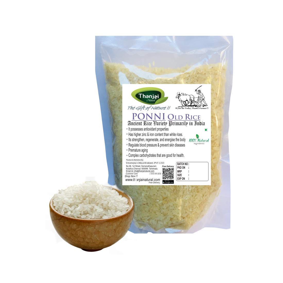 Thanjai Natural's 1kg Old Ponni Raw Rice | Pazhaya Ponni Pure Indian Oldest Traditional Method Farmed & Cultivated 100% Natural,1000g - Image 2 thumbnail