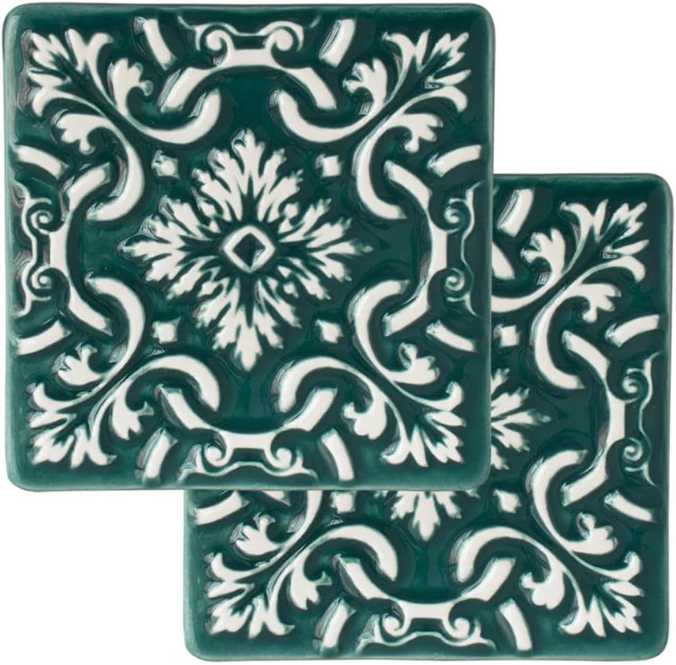 Hand-Painted Portuguese Pottery Ceramic Square Coasters – Set of 2 (Emerald Green)