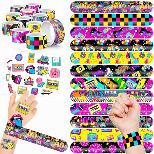 72PCS 90s & 80s Party Favors - 48PCS Tattoos & 24PCS Slap Bracelets, Retro 90s Birthday Party Supplies Decorations, Ideal for Kids’ Classroom Prizes & Rewards for Boys & Girls