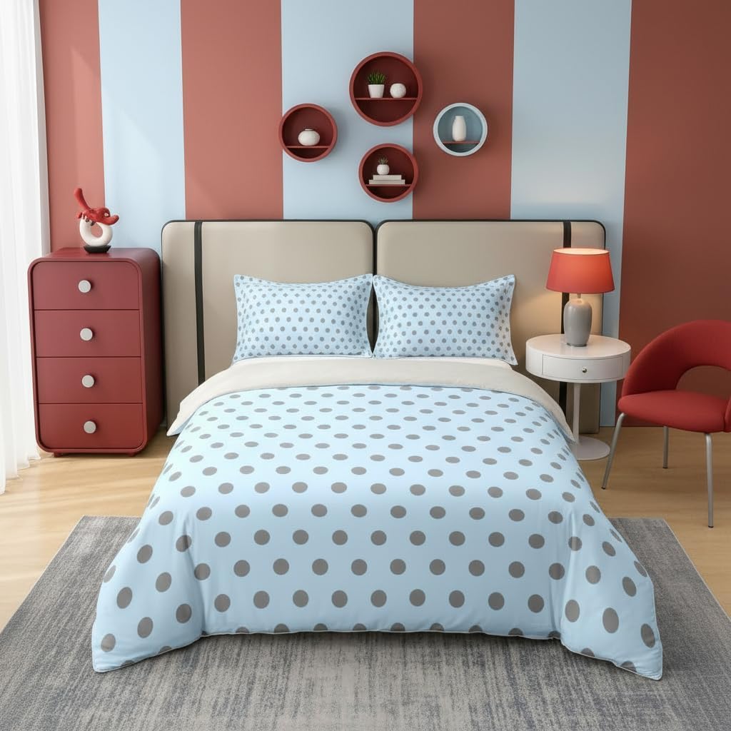 Castle Fairy Polka Dot Duvet Cover Set 100% Cotton,Blue Grey Modern Minimalist Style Bedding Set for Bedrooom Decor,Abstract Geometric Circles All Season Comforter Cover,Full Size,No Comforter