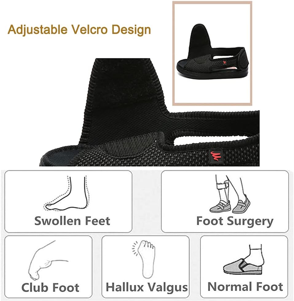 Open Toe Breathable Diabetic Slippers for Men, Extra Wide Width Adjustable Edema Sandals for Elderly, Extra Wide Indoor Outdoor House Shoes