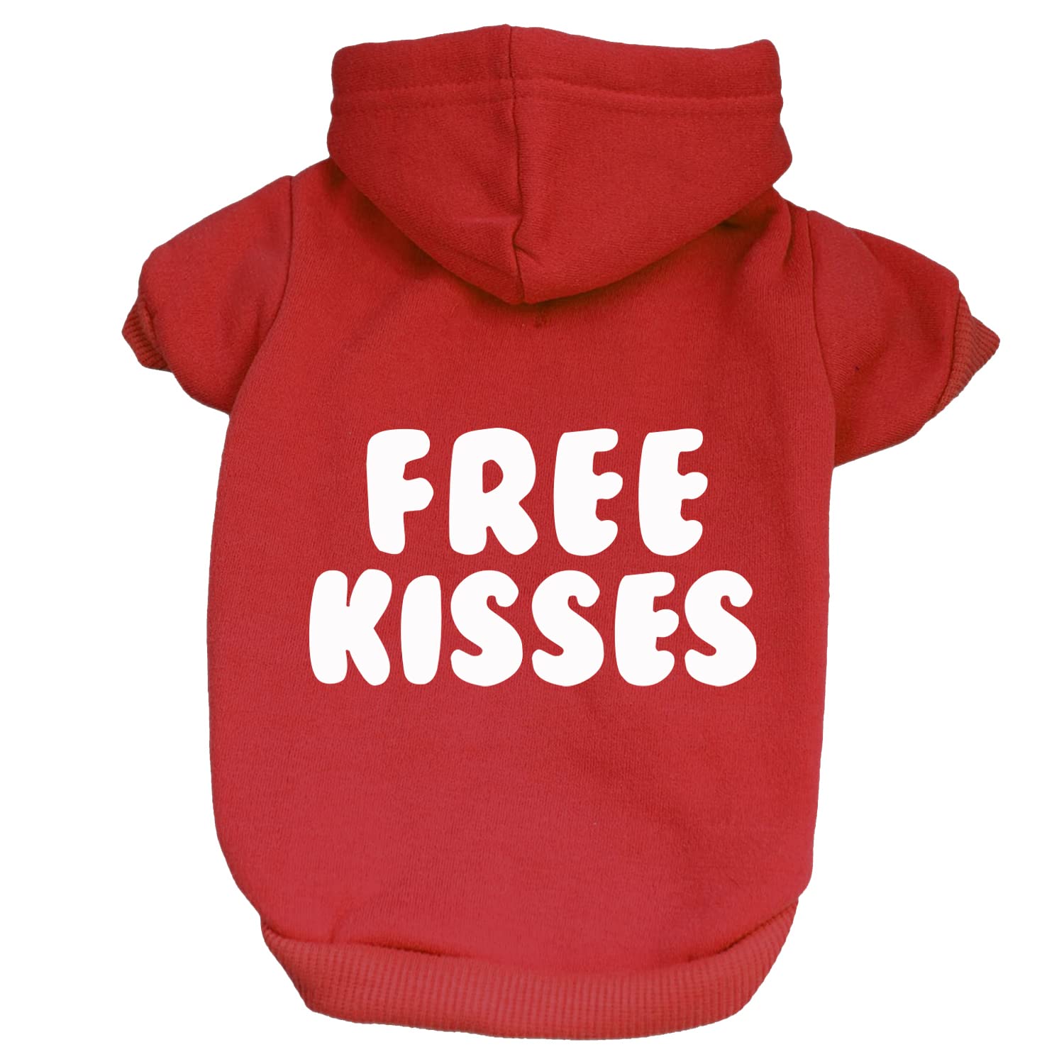 Free Kisses Valentine's Day Pullover Fleece Lined Dog Hoodie with Leash Hole (Red Hooded Sweatshirt)
