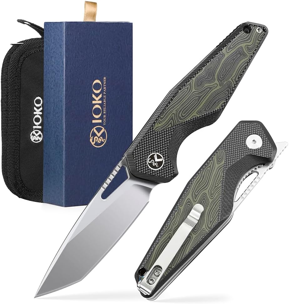 ioko Tactical Folding Pocket Knife, 3.5 inch 14c28n steel,G10 Handle with Wood Grain Pattern, Small EDC knife with pocket clip, sharp camping hiking knife (Green & Black)