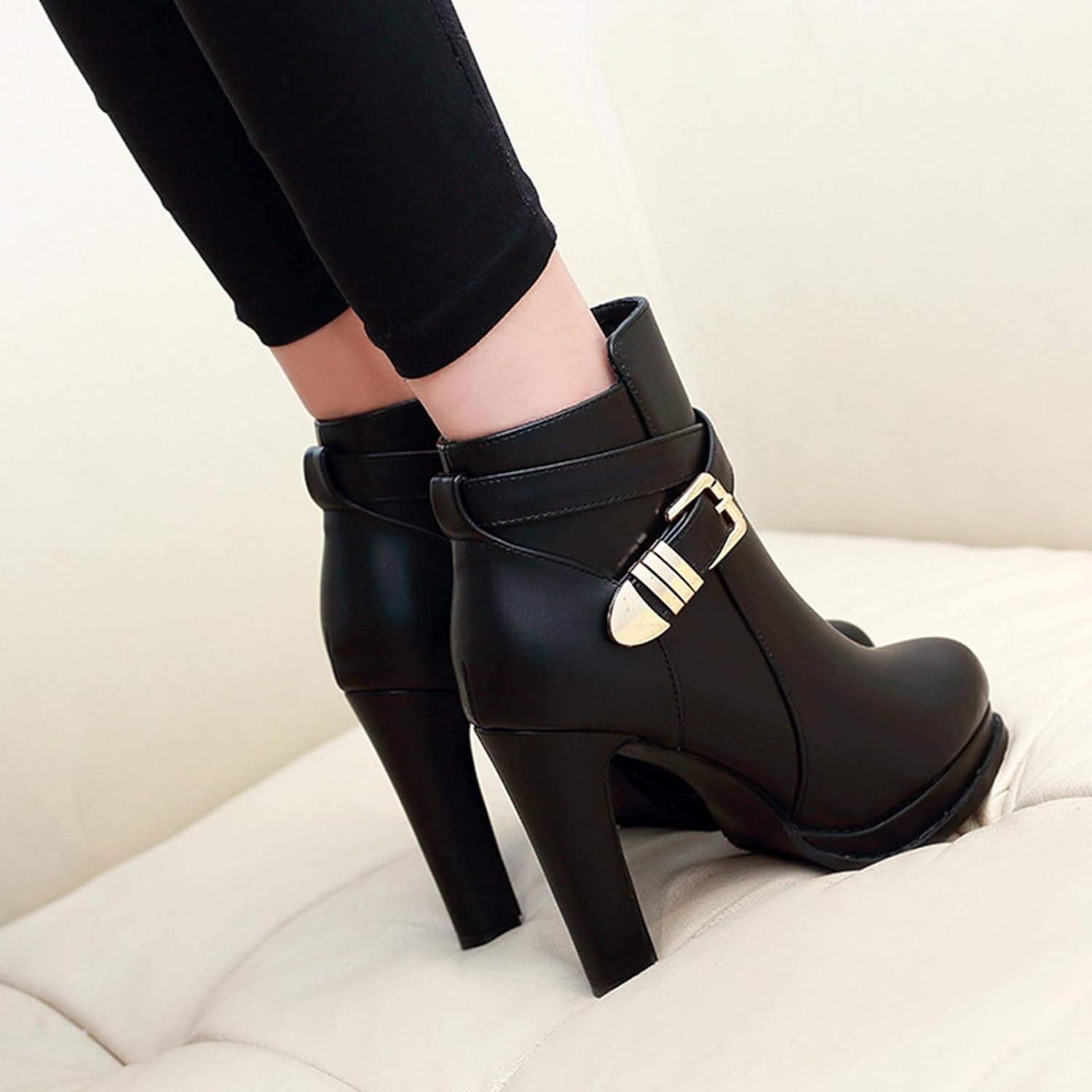 Women's Leather high heel Ankle Boots Fashion Pointed Toe Side Zipper Metal Buckle Chunky High Heel Dress Boots Comfortable Non-slip Business Office Shoes