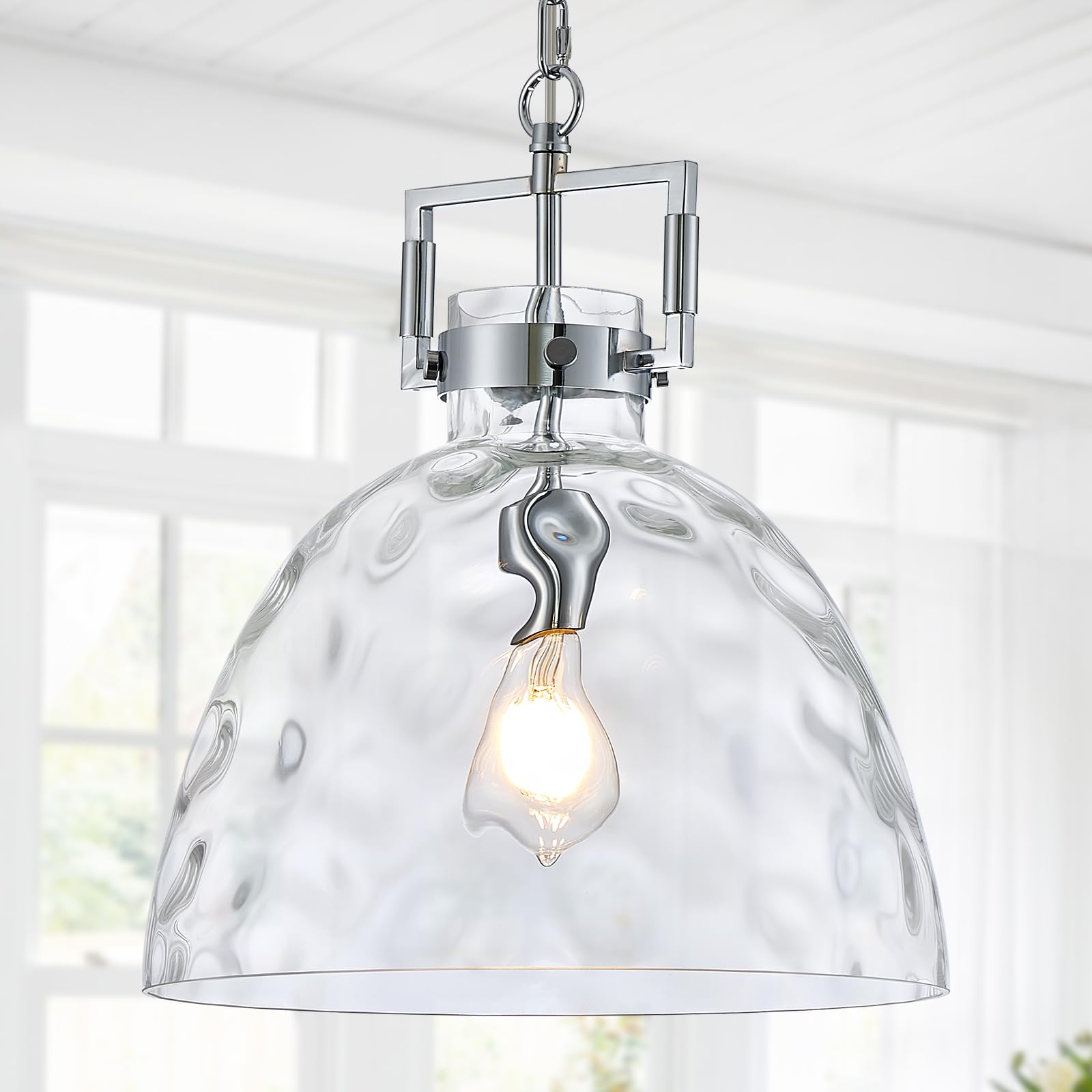 13.8" Chrome Glass Pendant Light, Hammered Clear Glass, E26 Light