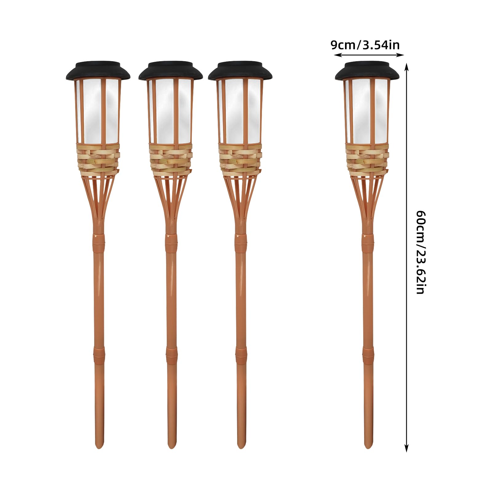 4 luces solares para exteriores, altura de 60 cm, impermeables, luces solares parpadeantes, decoraciones de camino para patio, patio, antorchas de bambú hechas a mano, luces de estaca de iluminación