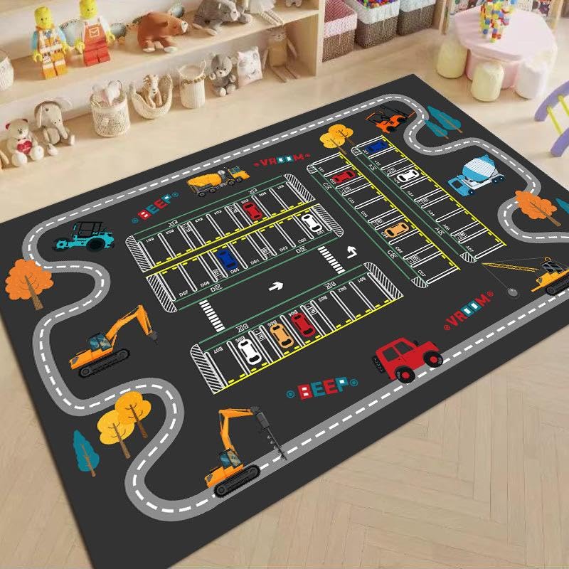 Kids Play Mat with Parking Lot Design, Construction Vehicles, Road Pattern, Educational Learning Rug, Black