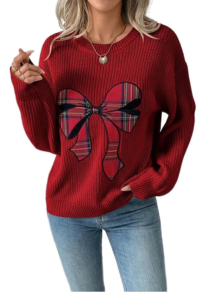 Apvirdy Womens Plaid Bow Sweater Long Sleeve Crewneck Holiday Sweaters Casual Y2K Graphic Christmas Sweater Pullover Tops Red