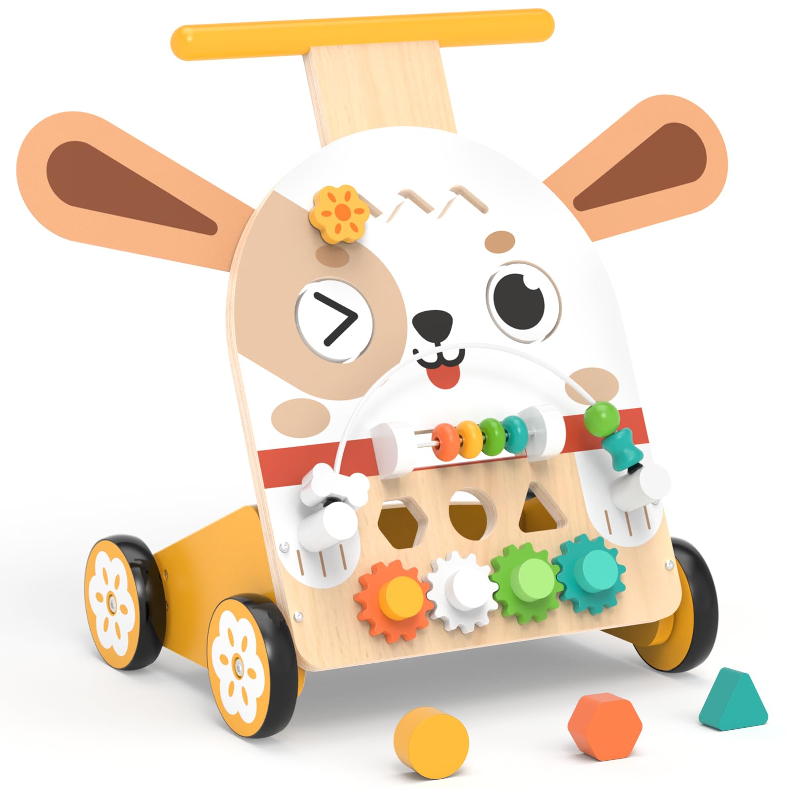 Weilim Holz Lauflernwagen mit Motorikwürfel 6-in-1 im Hunde-Design | 6-in-1 Aktivitätsspielzeug mit Motorikwürfel, Perlenlabyrinth, Zahnrädern, Uhr, Spinner und Formensteckspiel