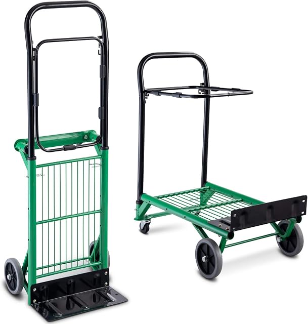 COSTWAY Folding Hand Truck with Height Adjustable, Heavy Duty Steel, 90kg Capacity, Portable Size, Sack Truck Trolley Dolly | 2 in 1 Multi-Functional Dolly| Gardening Platform Cart, Green