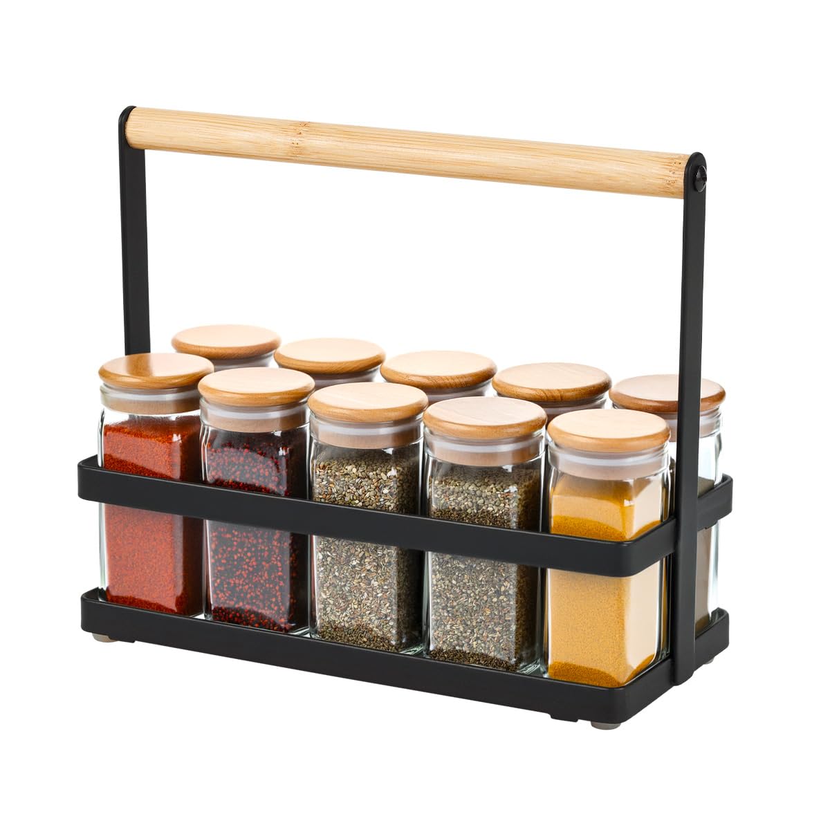 Amig - Gewürzregal - Küchenregal für Arbeitsplatte - Schwarzer Stahl und Bambus - Aufbewahrung von Gewürzdosen - Maße: 21,5 x 9,5 x 18 cm
