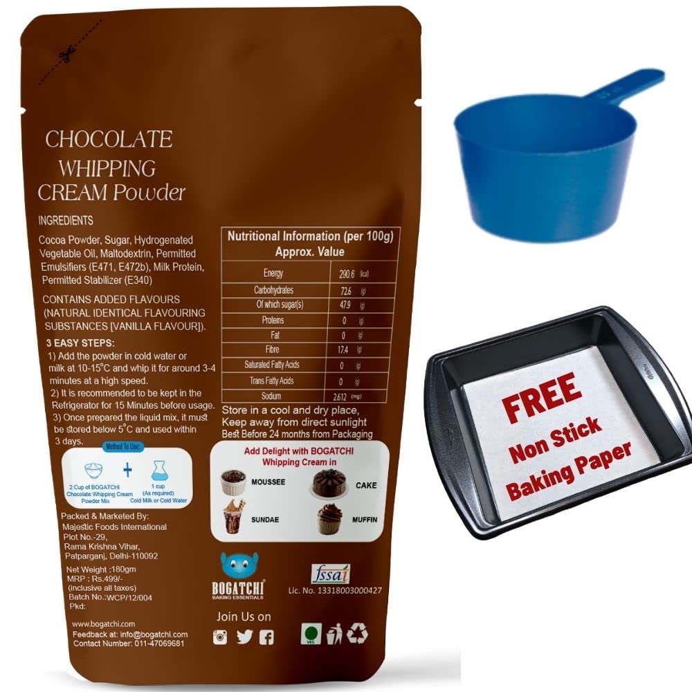 BOGATCHI Chocolate Whipping Cream for Cake, Chocolate Whipping Cream Powder, Whipped Cream Chocolate Flavor, 180g + Free Vanilla Whipping Cream 50g, Measuring Spoon and Baking Paper 1
