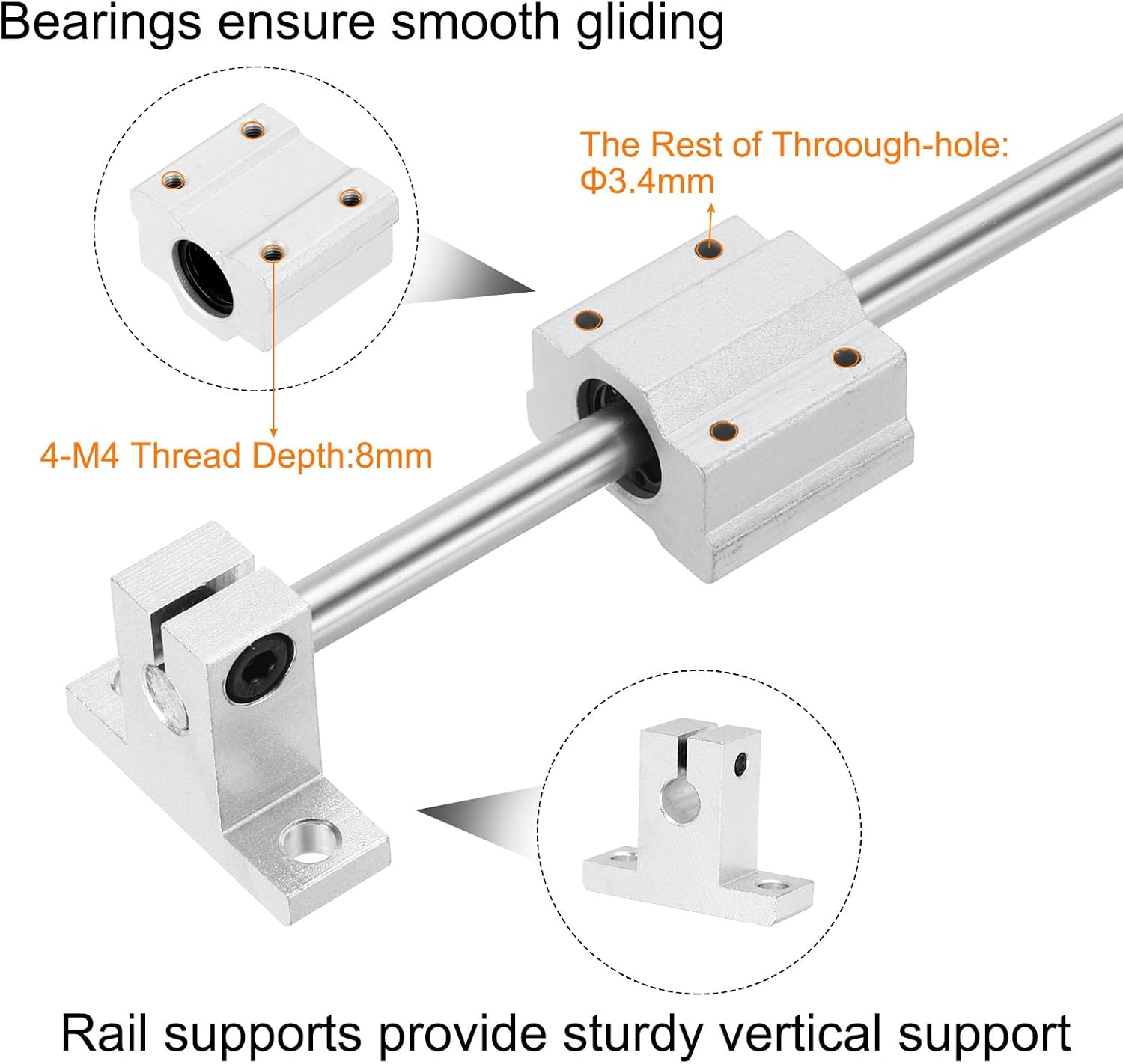 uxcell 2 Pcs 8mm x 1000mm Linear Motion Rail Shaft Slide Guide with 4 Pcs SCS8UU Bearings and 4 Pcs SK8 Rail Support Linear Motion Rod Shaft Guide Set for CNC Machine 3D Printer, Silver