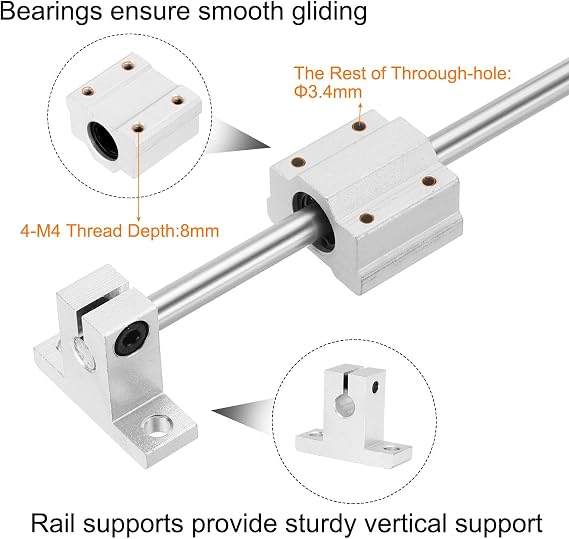 sourcing map 2 Pcs 8mm x 150mm Linear Motion Rail Shaft Slide Guide with 4 Pcs SCS8UU Bearings and 4 Pcs SK8 Rail Support Linear Motion Rod Shaft Guide Set for CNC Machine 3D Printer, Silver