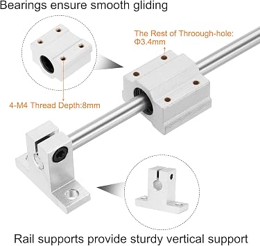 sourcing map 2 Pcs 8mm x 150mm Linear Motion Rail Shaft Slide Guide with 4 Pcs SCS8UU Bearings and 4 Pcs SK8 Rail Support Linear Motion Rod Shaft Guide Set for CNC Machine 3D Printer, Silver
