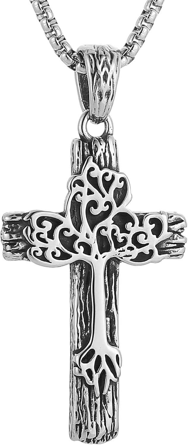 HZMAN Retro Cross Necklace for Men Stainless Steel Tree of Life Cross Pendant Necklace Spiritual Belief Amulet Jewelry Gift