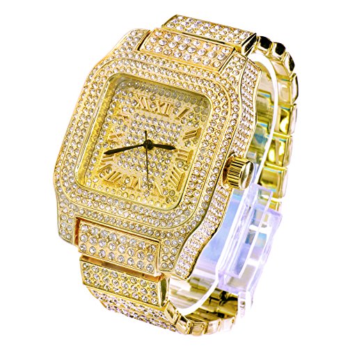 Mens Hip Hop Luxury Iced Out Techno Pave Watch Gold Tone Heavy Bezel Case Band Simulated Diamond 7967 G