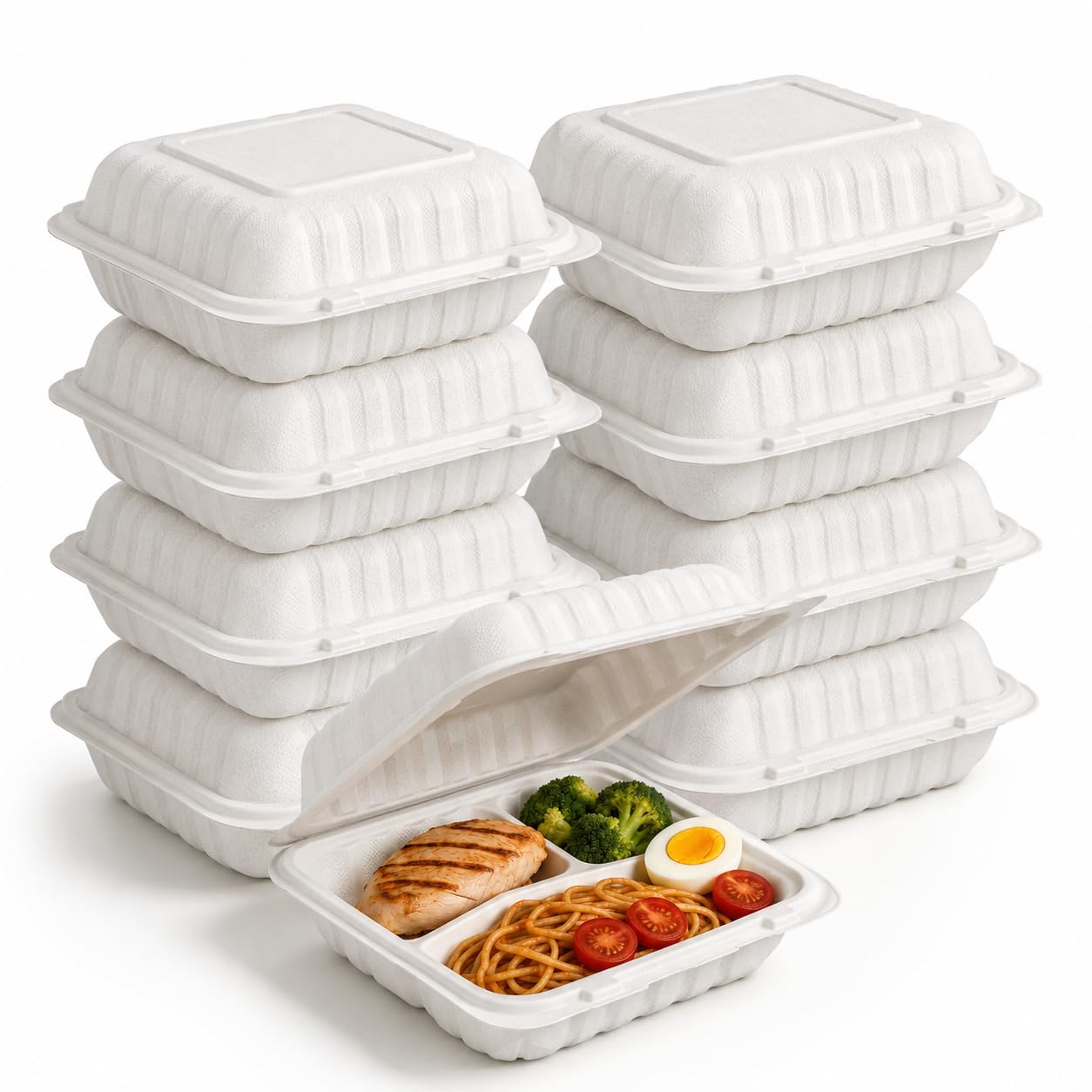 DI QIU REN 50Pack 8" X 8" 3-Compartment Clamshell To Go Food Containers With Secure Snap Lids - Heavy Duty Take out Containers Disposable To Go Plate For Carryout Meal Prep Catering