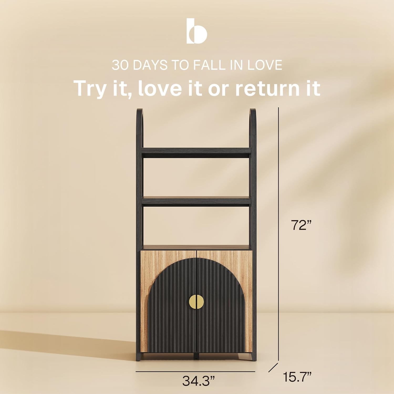 BELLEZE Book Shelf 72" Tall Arched Bookcase with Storage, 5 Tier Mid Century Modern Fluted Bookshelf with Doors, Modular Bookshelves for Living Room Office Library (Camel)