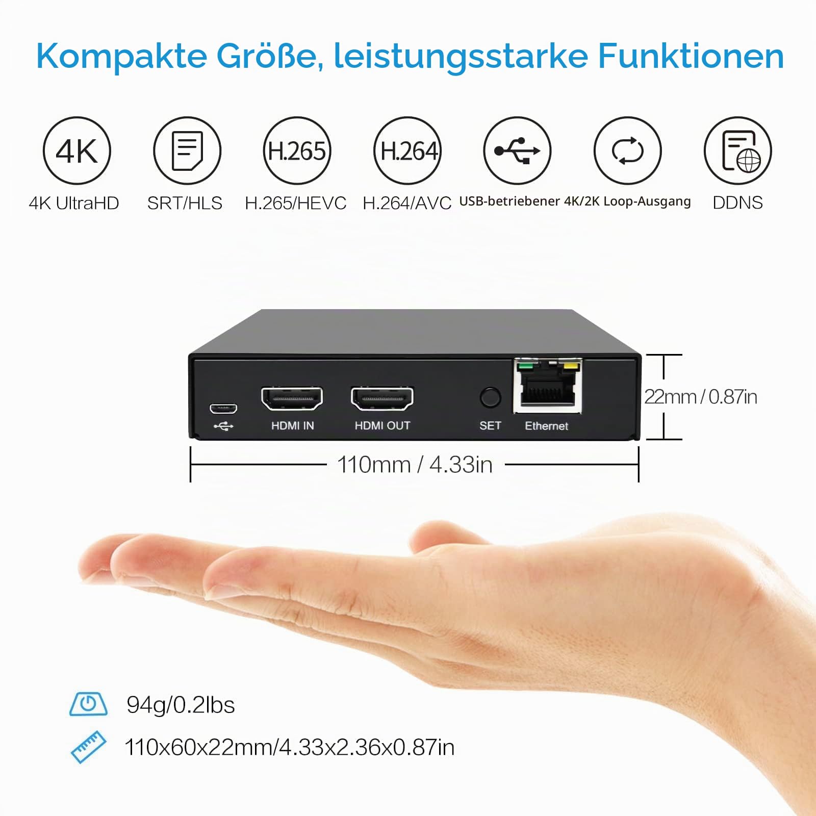DDMALL HDMI-Video-Encoder für Live-Stream, H.264 H.265, Echtzeit 4K 60 Hz lokaler Loopout, unterstützt SRT HLS RTSP RTMP RTMPS UDP/TCP, HDMI-Video-Encoder für YouTube, Twitch (HEV-10)