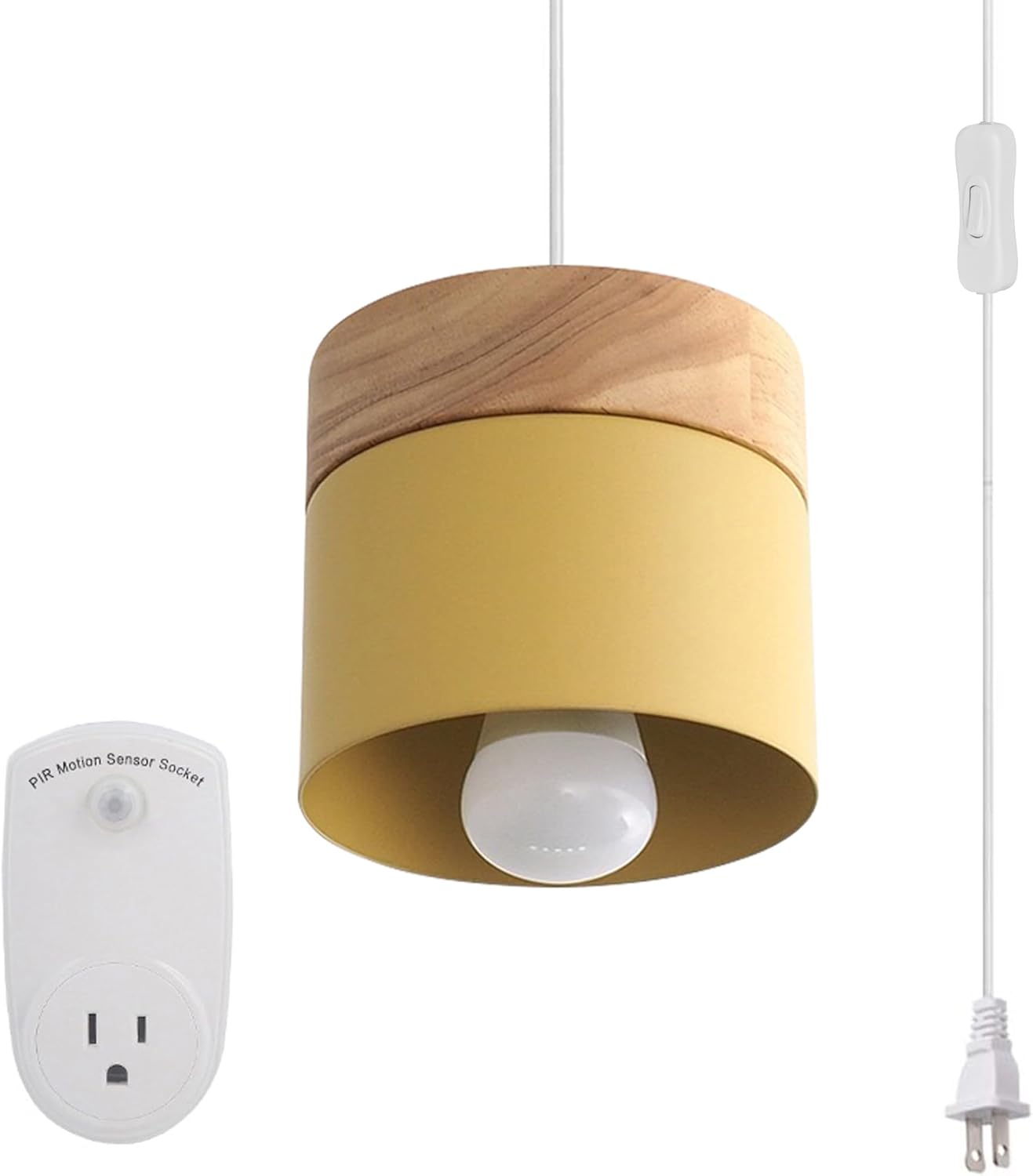 Motion Sensor Hanging Swag Lamp no Wiring Needed Portable Rubber Wood Pendant Light with 15ft Plug-in UL Button White Cord Macaron Yellow Lamp Iron Stoving Varnish Finished Lampshade,Customizable