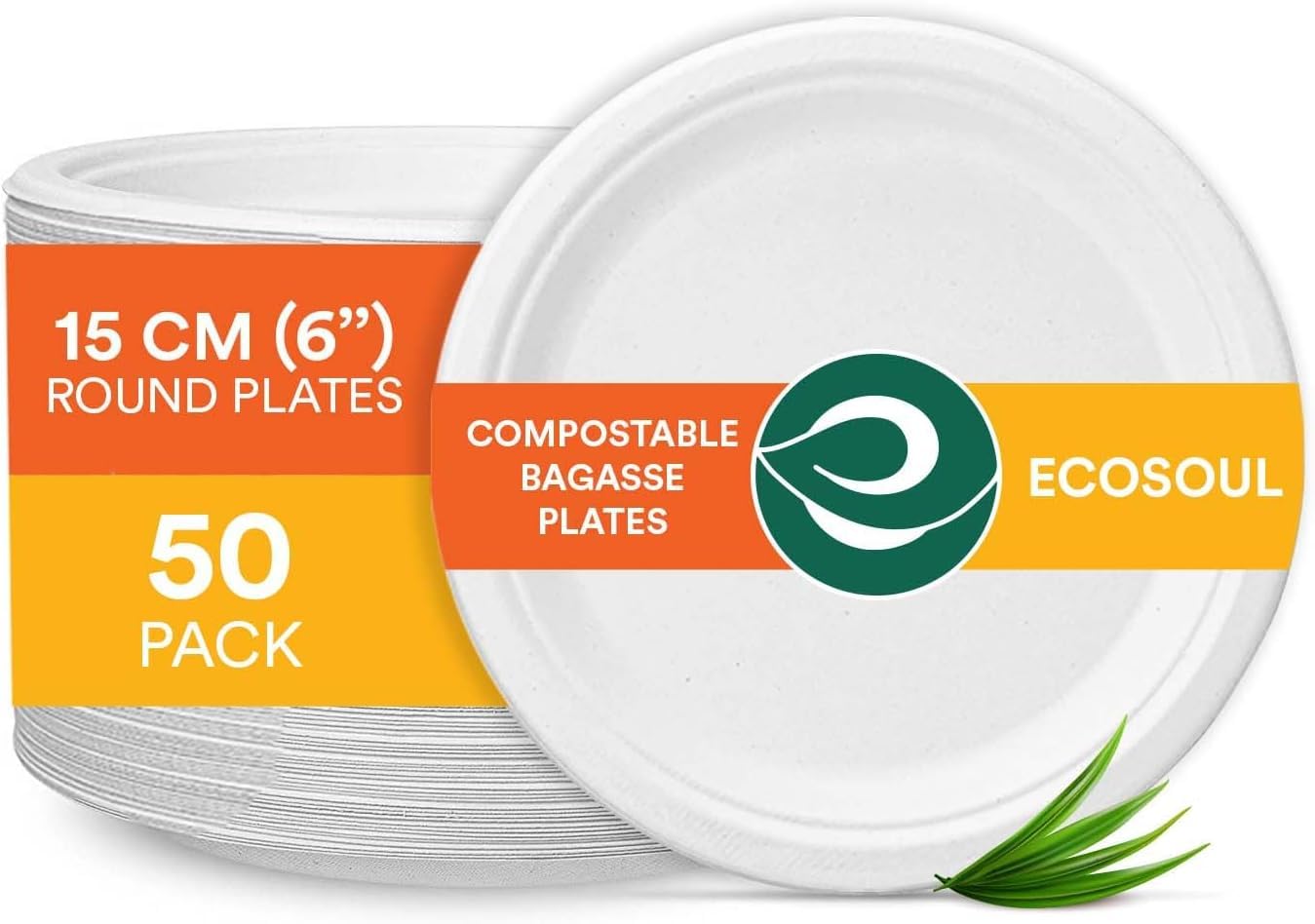 Eco Soul | Disposable Bagasse Plates for Snacks | 6 inch - Pack of 50 | Small Plastic-Free Disposable Plates for Snacks & Small Meals | Plastic-Free, Microwave Safe, Non-Soggy | White
