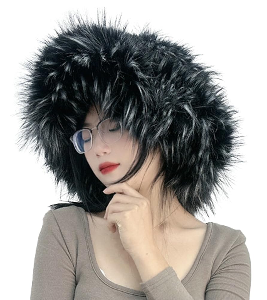 Women's Furry Bucket Hat Winter Faux Fur Plush Hats Warm Fisherman Cap Fluffy Wide Brim Bucket Hats Cloche Hat Outdoor Blackwhite