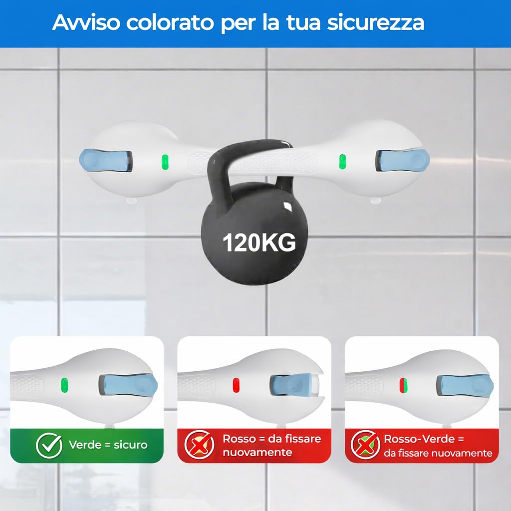 Maniglione Doccia a Ventosa Senza Fori – Maniglia Doccia Antiscivolo fino a 120 kg – Maniglione Bagno 44 cm per Doccia e Vasca – Ausilio Sicurezza per Anziani, Bambini e Persone con Mobilità Ridotta