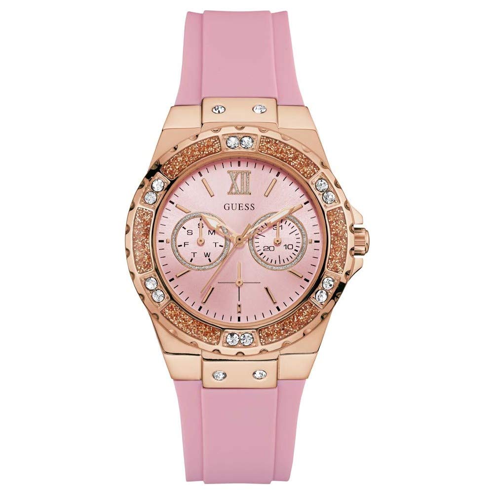GUESS Women's Stainless Steel + Stain Resistant Silicone Watch with Day + Date Functions
