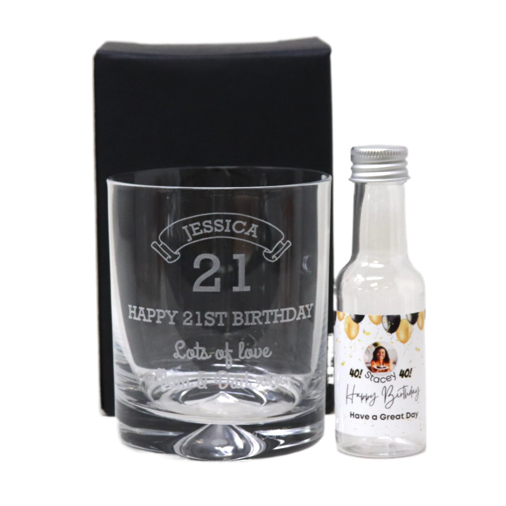 Personalised Engraved Birthday Age Glass Tumbler & Photo Balloons Miniature Bottle of Alcohol Gift Set | Dad's 40th | Mum's 50th | Grandad's 60th | Nan's 70th | (Vodka/Cardboard Gift Box) 37.5% vol